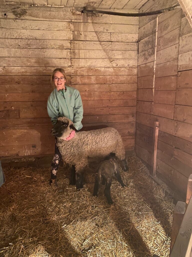 Girl poses with ewe and newborn lamb.