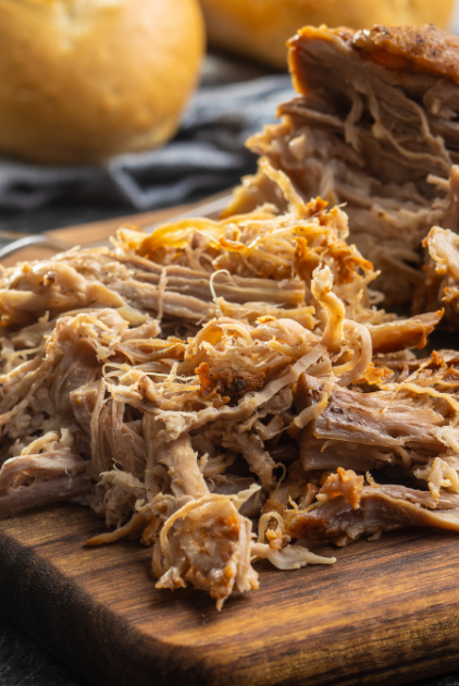 Pulled pork on a cutting board